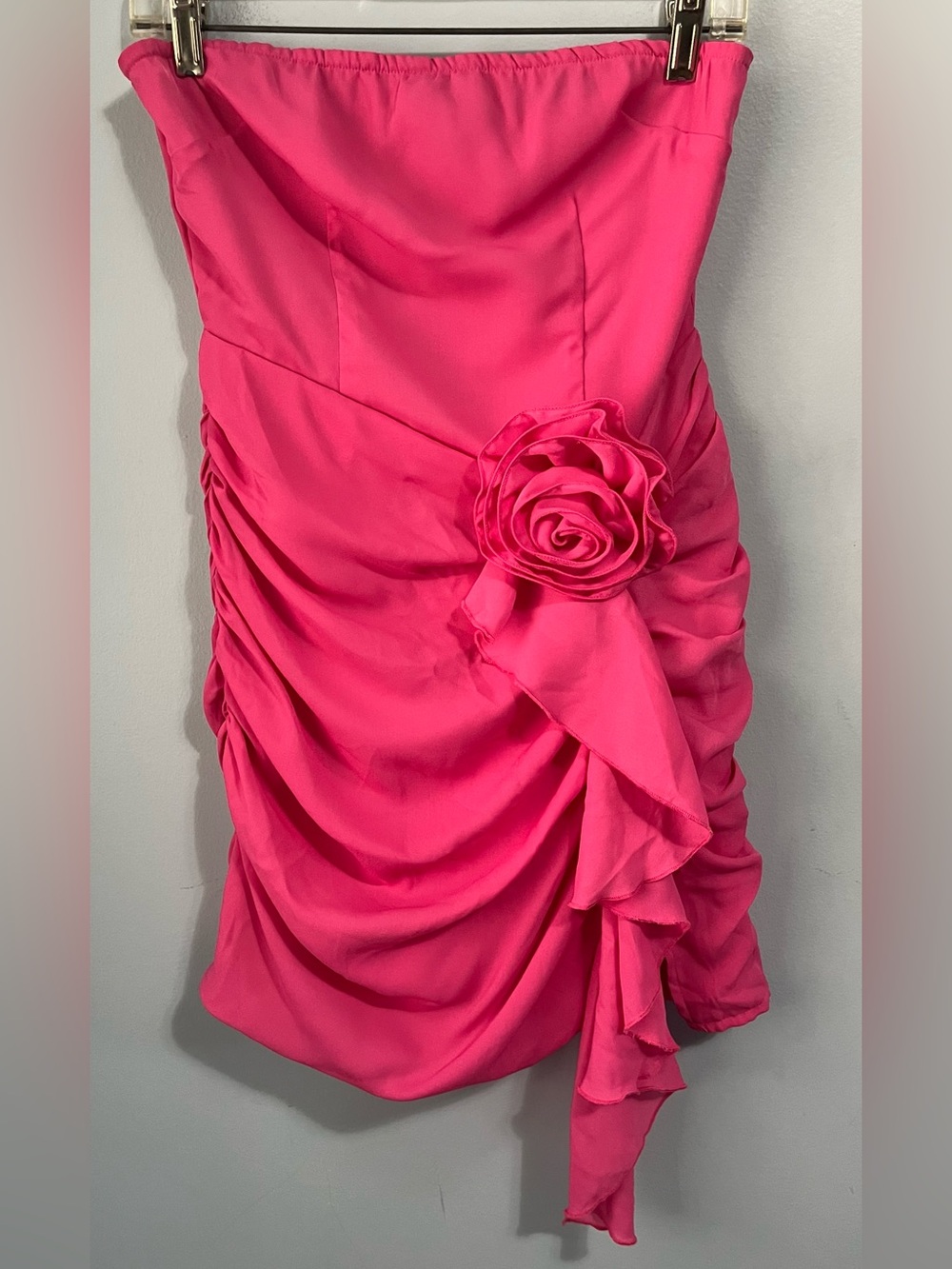 PrettyLittleThing Hot Pink Strapless Ruched Ruffled Mini Dress Rosette Size 6